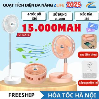  Quạt Sạc Tích Điện Zlife 15000mAh - Quạt Để Bàn Gấp Gọn Kéo Dài 1m Pin Trâu Cỡ Lớn Dùng Trong Nhà & Du Lịch 