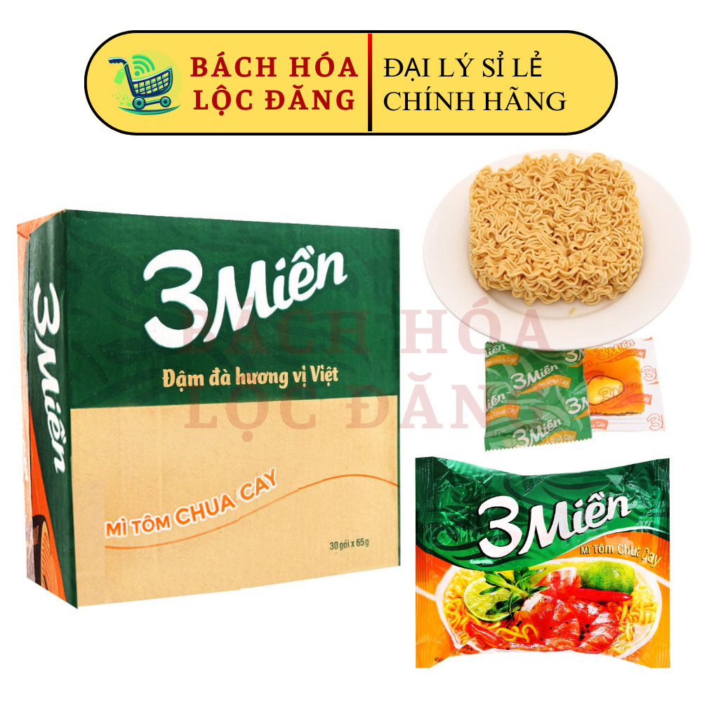 Thùng 30 gói mì 3 Miền tôm chua cay 65g - Mì tôm chua cay 3 Miền 30 gói.