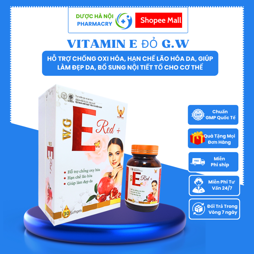 E Red Viên Uống Bổ Sung Vitamin E Đỏ Chính Hãng ( lọ 30 viên) Giúp Làm Đẹp Da , Hỗ Trợ Chống Oxi Hoá Lão Hoá Da