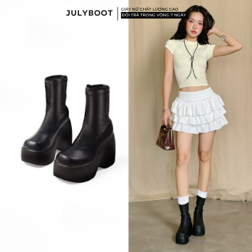 (lùi size)Boot nữ Gothic Julyboot Đế Cao Bánh Mì Cổ Vừa Cao 10 cm Big Size Chiều Cao Khủng Boot Đùi 