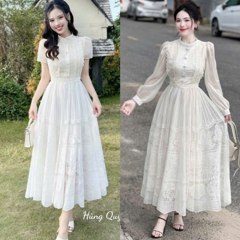 Váy ren cao cấp dáng dài tay phối tơ lụa đi ăn cưới,chụp ảnh cưới sinh nhật siêu tiểu thư sang xịn