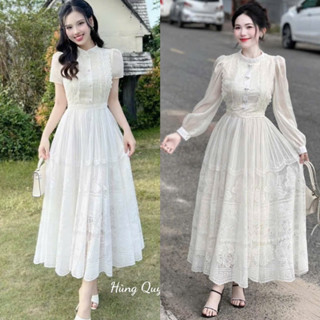 Váy ren cao cấp dáng dài tay phối tơ lụa đi ăn cưới,chụp ảnh cưới sinh nhật siêu tiểu thư sang xịn