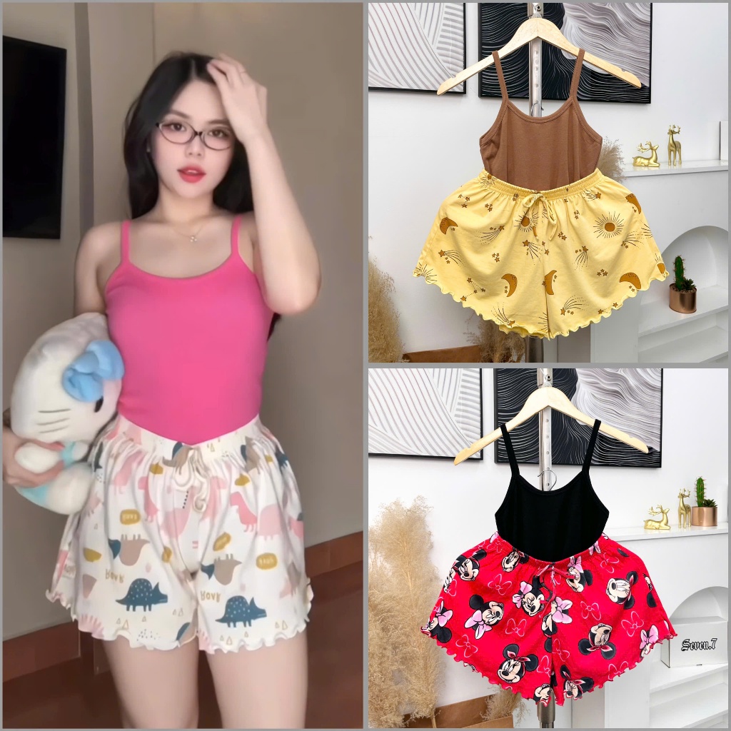 Sét đồ ngủ hai dây họa tiết chất thun co dãn thoải mái (dưới 52kg)