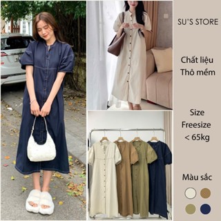 Váy Sơ Mi Dáng Dài Tay Bồng Cúc Dọc Vải Thô Mềm Susstore V829 Thời Trang Nữ Bigsize