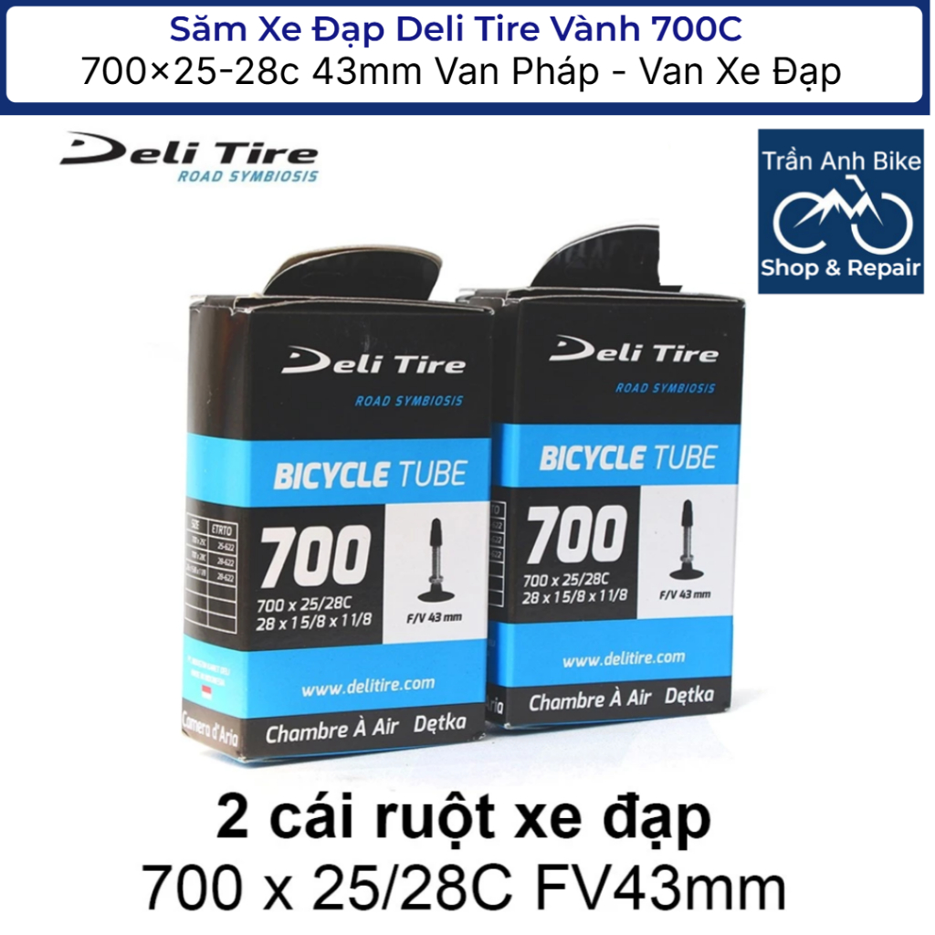 Cặp 2 Cái Săm Ruột Xe Đạp Deli Tire 700x25-28c 43mm Van Pháp - Van Xe Đạp