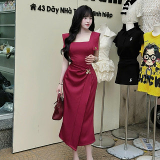 váy nữ sang chảnh,váy thiêt kế sang chảnh cổ vuông giúm eo hách dáng T259