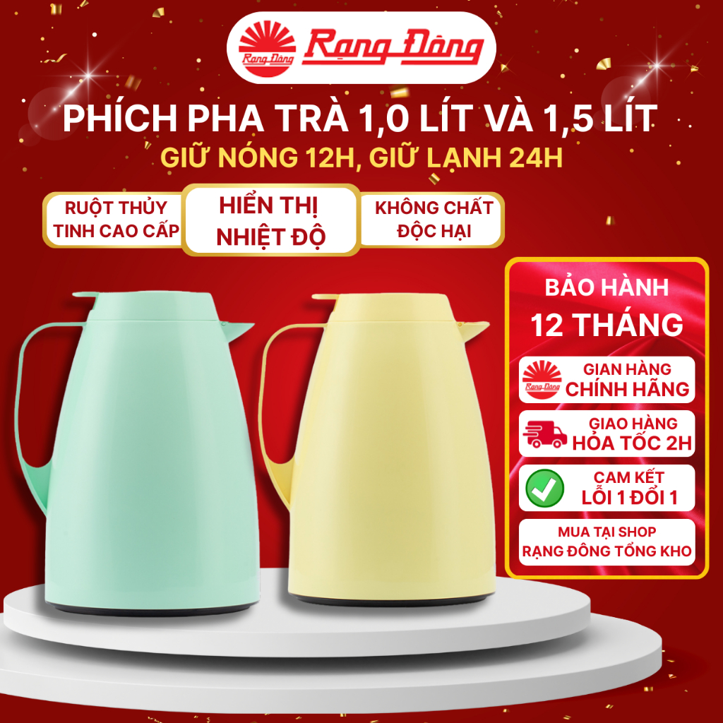 Phích pha trà Rạng Đông RD-1542 N4.E, 1.5 lít, Thân nhựa ABS cao cấp, Ruột thủy tinh