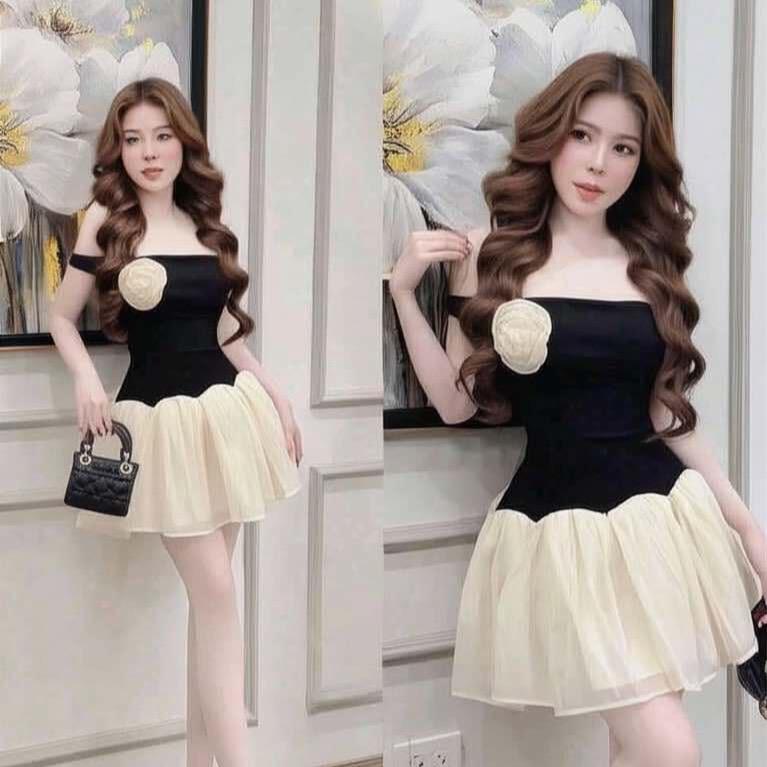 D66 Váy trễ vai phối hoa dáng xoè đi tiệc