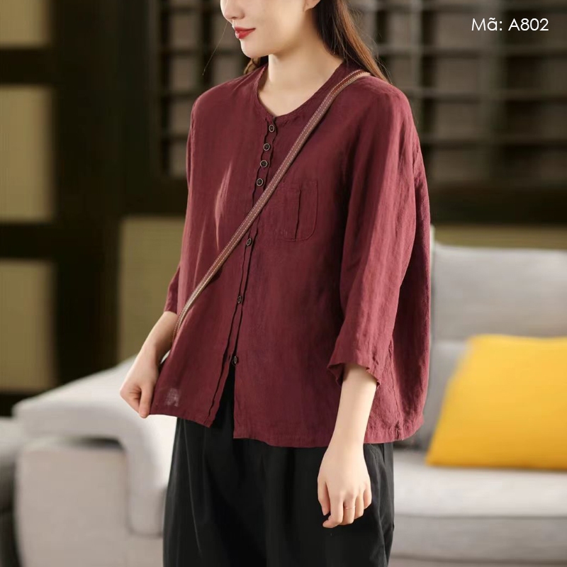 Áo sơ mi linen tay lửng cổ tròn KAMAKA một túi - A802