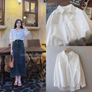 Áo sơ mi dài tay đuôi tôm 2 màu xanh và trắng mới
