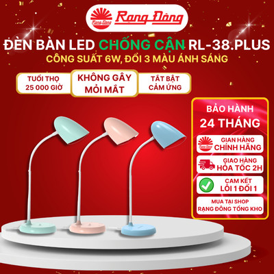 Đèn học Rạng Đông RD-RL-38.PLUS 6W, đổi 3 màu ánh sáng, tăng giảm độ sáng, chống cận thị, để bàn học/ bàn làm việc CRI95