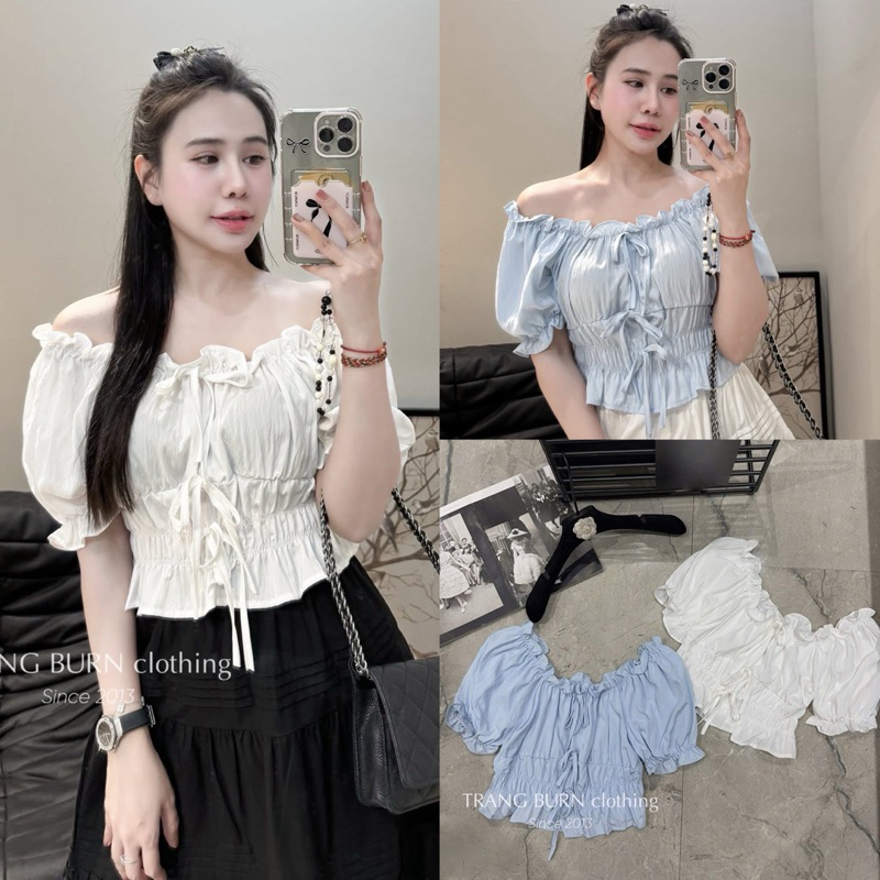 Áo croptop trễ vai cộc tay bèo nhún buộc nơ 2 màu basic hàng QC A2688