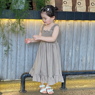  Đầm bé gái 2 dây dáng dài maxi xòe bồng váy smock cho bé gái chất linen tưng mềm mại cho bé 9-20kg-Nau Dress 
