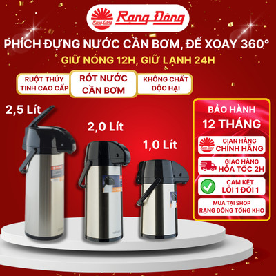 Phích đựng nước nóng Rạng Đông 1 lít/ 2 lít/ 2,5 lít cần bơm rót nước, vỏ Inox, ruột thủy tinh cao cấp