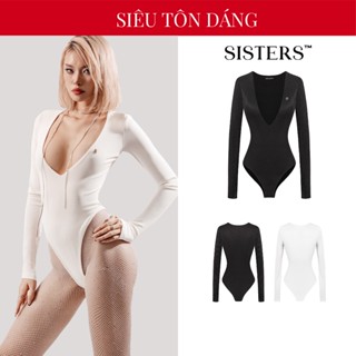 Bodysuit nữ sexy tay dài khoét ngực sâu SISTERS thiết kế logo inox màu đen, trắng ôm sát body Sera | SS24-J18