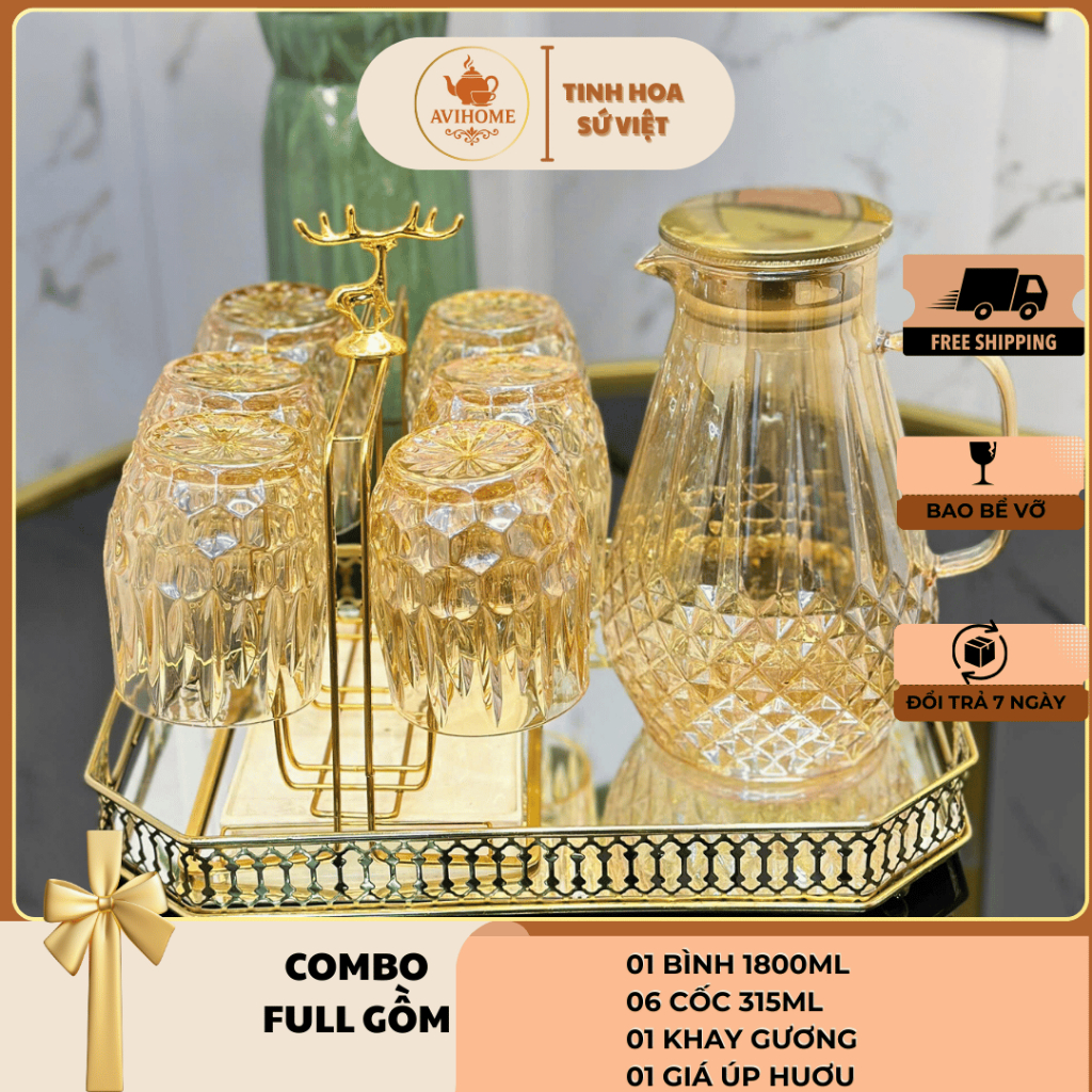 Combo Bình Cốc Thủy Tinh Chịu Nhiệt Màu Hổ Phách Vân Tổ Ong Kèm Khay Và Giá úp - Decor Sang Trọng