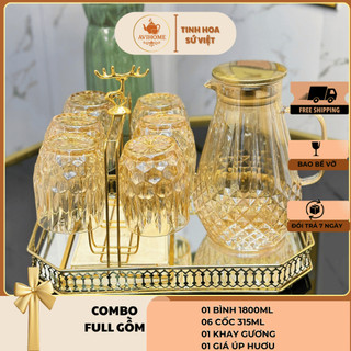   MÃ AV19  AVI HOME - Combo Bình Cốc Thủy Tinh Hổ Phách Vân Tổ Ong Kèm Khay Và Giá úp Hươu 