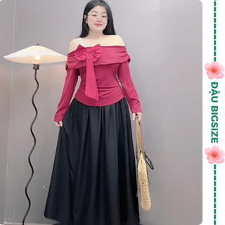 Set tiểu thư bigsize nữ áo bẹt vai tay dài đính nơ phối ren kèm chân váy lụa maxi mềm mịn, co giãn - A276+CV15