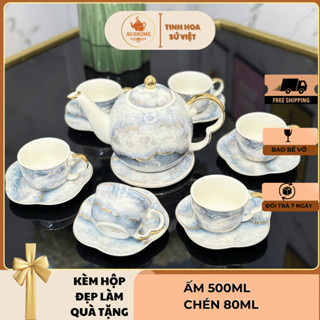Bộ Ấm Chén Uống Trà Màu Vân Đá Xanh Đĩa Rời Kèm Hộp Làm Quà Tặng Sang Trọng AVIHOME [Y30-2a]