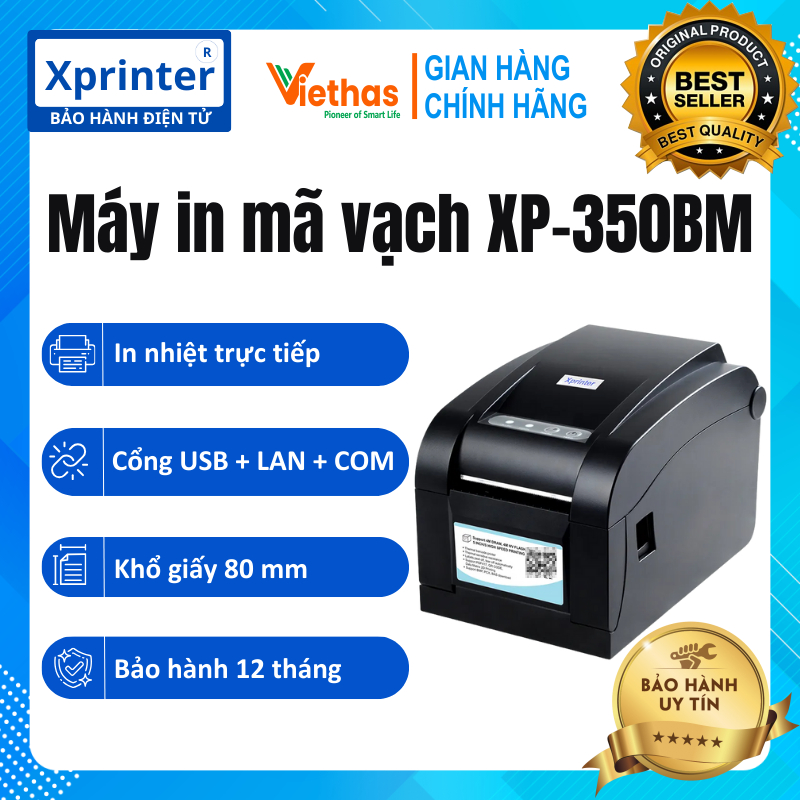Máy in tem nhiệt mã vạch, tem GHTK, in đơn hàng sàn TMĐT Xprinter XP-350BM USB LAN in từ đt và mt