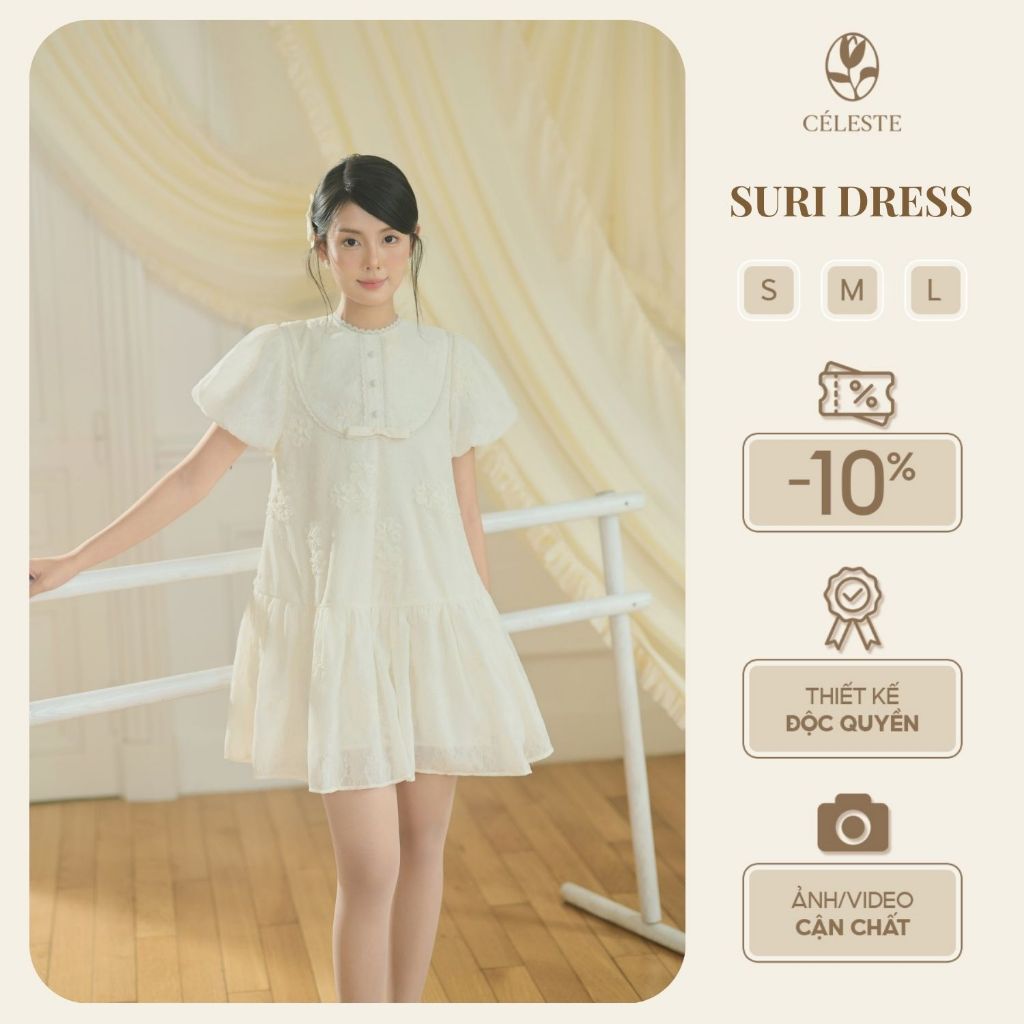 [DEAL MỞ BÁN] CÉLESTE - Váy Babydoll Dáng Ngắn Suông Chất Tơ Mềm Tay Bồng Đính Hoa Thêu Tiểu Thư Suri Dress