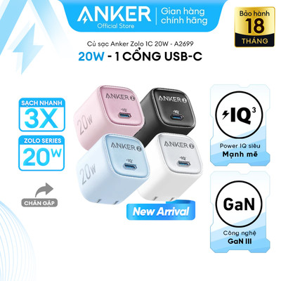 Củ sạc nhanh Anker Zolo GaN 20W 1 cổng USB-C, Power IQ 3.0 - A2699 Hỗ trợ sạc nhanh cho Iphone 8 trở lên