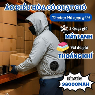  Áo Điều Hoà Có Mũ Thoáng Khí Làm Mát Cho Nhân Viên Kho Xưởng - Áo Khoác Gió Pin 98.000mAh Dùng 48h 