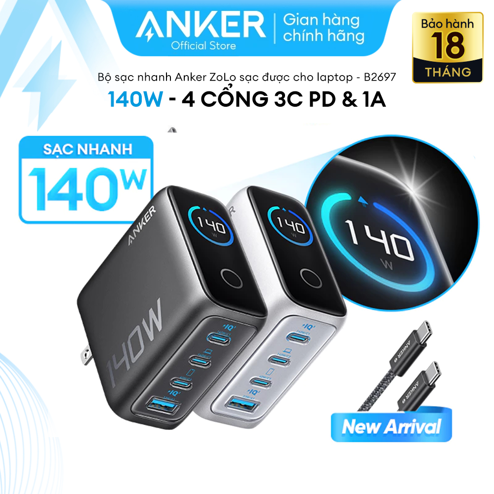 Bộ sạc nhanh Anker ZoLo 140W (4 cổng, GaN) 3 USB-C PD & 1 USB-A sạc 4 thiết bị cùng lúc - sạc được c