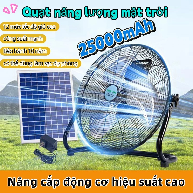 Quạt năng lượng mặt trời Solar Fan 12000mAh-25000mAh quạt sạc tích điện dạng nằm chân quỳ hiển thị PIN hẹn giờ tắt