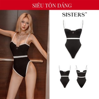  Bikini 1 mảnh sexy cúp ngực SISTERS đen phối viền trắng tôn dáng thiết kế 2 dây logo inox Letitia Swimsuit | SS-BK70 