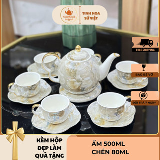 Bộ Ấm Chén Uống Trà Màu Vân Đá Kèm Hộp Làm Quà Tặng Sang Trọng AVIHOME [Y30-1a]