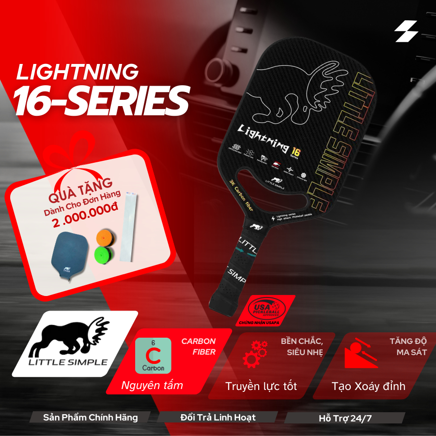 Vợt pickleball LIGHTNING 16-14 SERIES siêu nhẹ chất liệu sợi carbon FIBER 3K
