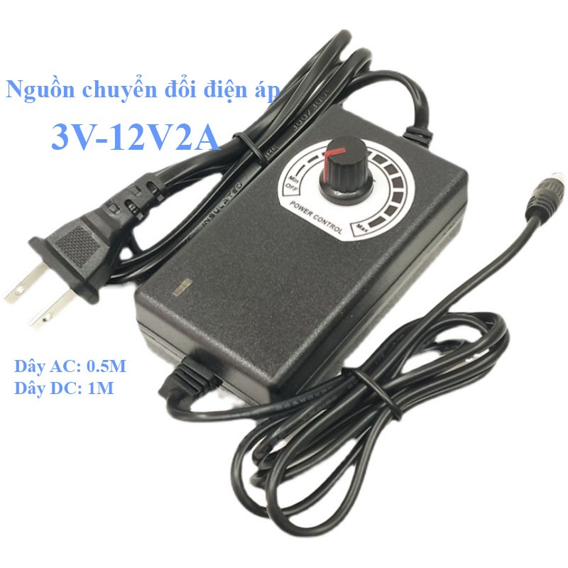 Nguồn điều chỉnh 3V-12V 2A cho máy bơm, led, đưa võng nôi, quạt, máy phun xương