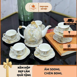 Bộ Ấm Chén Uống Chè Pha Trà Núm Hoa Quai Hạt Kèm Hộp Làm Quà Tặng Sang Trọng AVIHOME [Y39-2A]