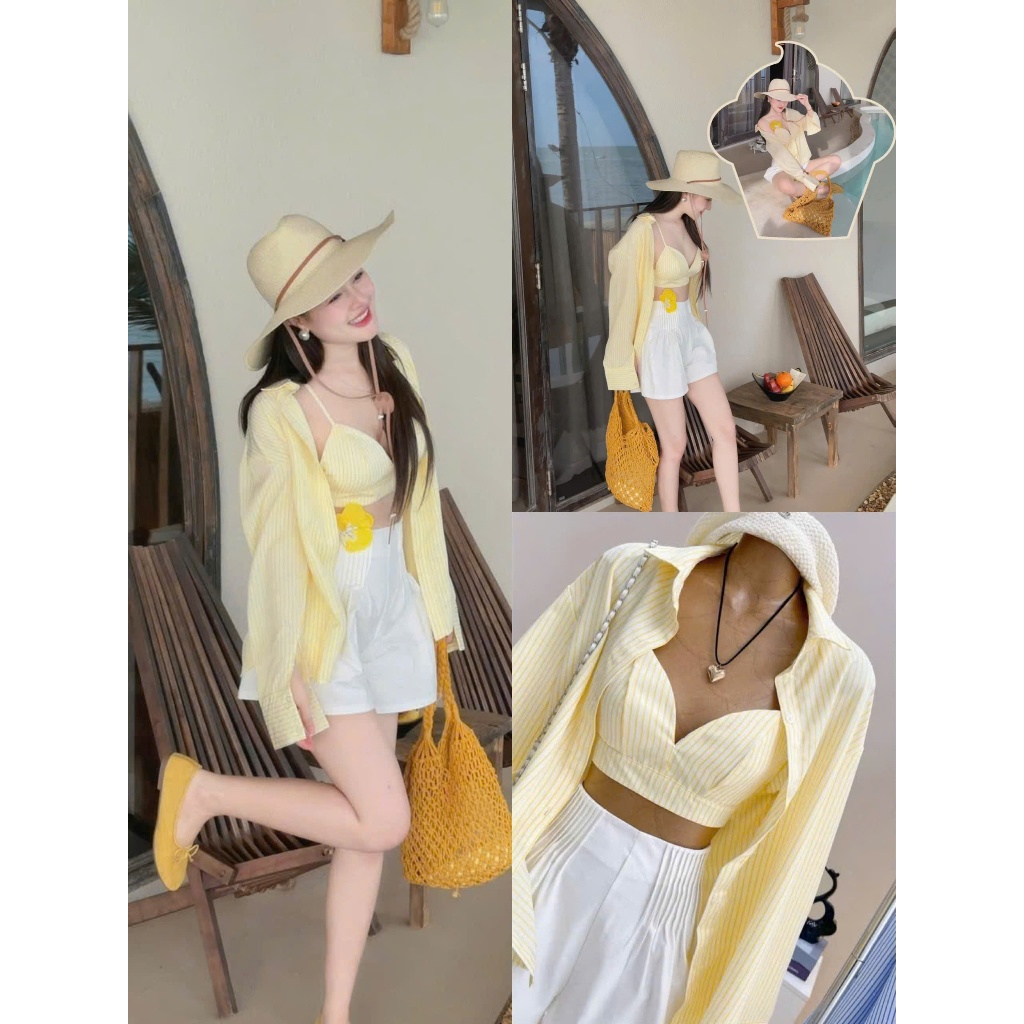 Set bộ đùi ba món có khoác ngoài kèm áo bra trong lụa sọc phối quần kaki xếp ly ep lưng cao ống rộng