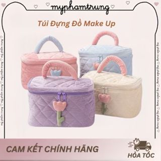 Túi đựng mỹ phẩm, đồ makeup phong cách Hàn Quốc hottrend, màu pastel hoa tulip bằng bông