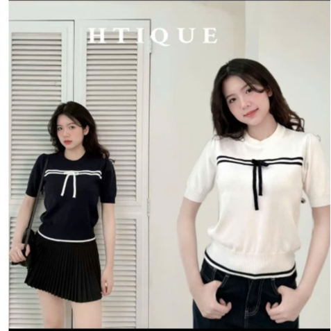 Áo Thun Nữ Freesize Nơ Ngực Phối Kẻ Đen Trắng - Thiết Kế Cổ Tròn Trẻ Trung Chuẩn Style Hàn Quốc HT01 | BigBuy360 - bigbuy360.vn
