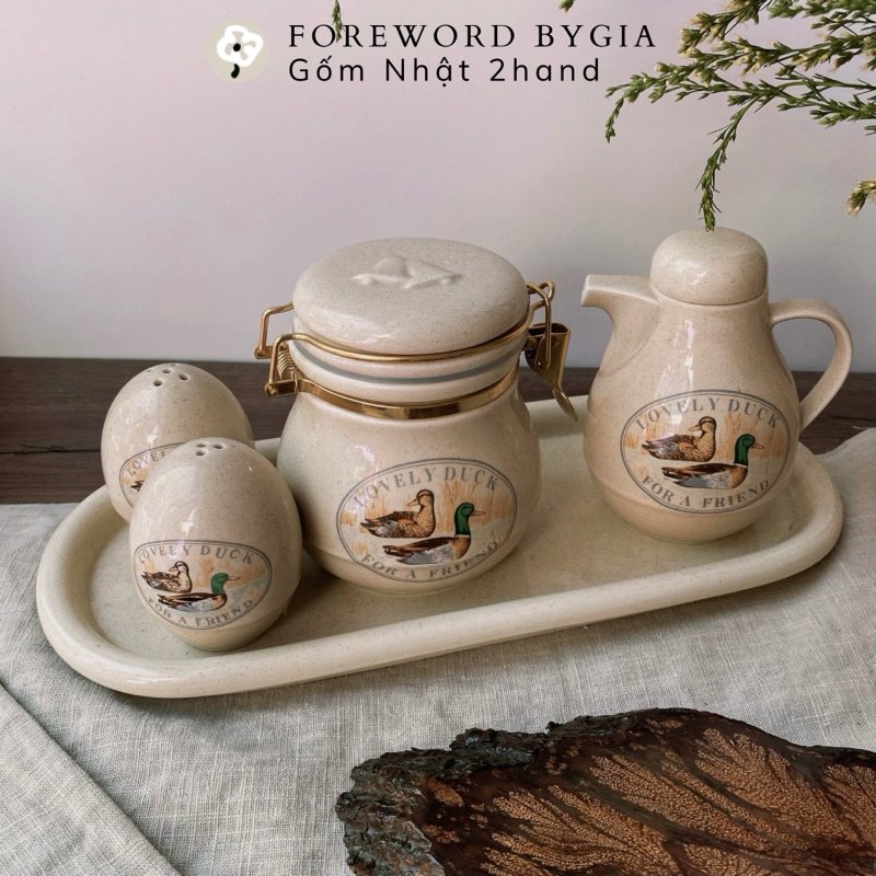 [Ảnh Thật] Bộ Hũ Rót Gia Vị Vịt Country Vintage Kèm Khay - Gốm Nhật 2hand