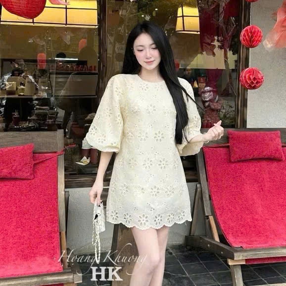 Đầm babydoll cổ tròn tay ngắn chất thô thêu đục lỗ 2 màu nữ tính Ht603B