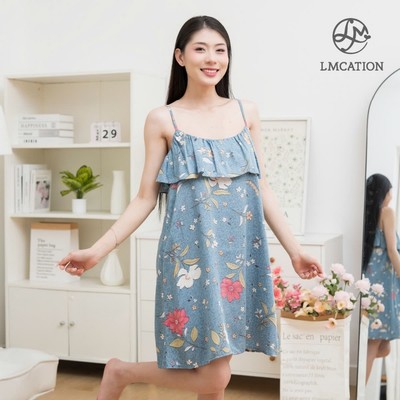 (Mua 1 tặng 1) Đầm 2 dây tencel phối bèo LMcation Autumn - hoa lá xanh