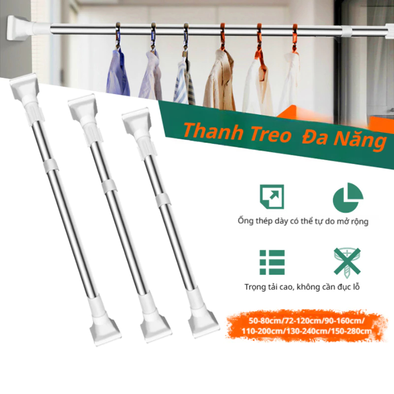 Thanh Treo Quần Áo Không Cần Khoan Tường,Thanh Treo Rèm Đa Năng Inox Gắn Tường ,Cây Phơi Quần Áo