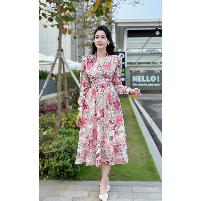 [ MERCIE ] VÁY LIỀN ROSE DÁNG DÀI CÚC NGỌC HOẠ TIẾT HOA HỒNG NỔI BẬT