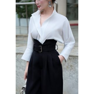 Set Áo Sơ Mi Nữ Cổ Đứng Tay Lửng + Quần Cạp Đai Khuy Vàng Louisa Eclipse Clothing