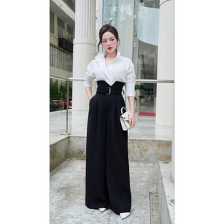 Set Áo Sơ Mi Nữ Cổ Đứng Tay Lửng + Quần Cạp Đai Khuy Vàng Louisa Eclipse Clothing