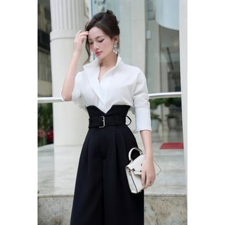 Set Áo Sơ Mi Nữ Cổ Đứng Tay Lửng + Quần Cạp Đai Khuy Vàng Louisa Eclipse Clothing