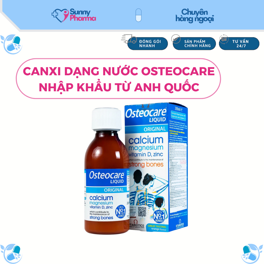 Canxi dạng nước Osteocare Liquid Vitabiotics 200ml của Anh - Bổ sung Canxi, Vitamin D, Magie, Kẽm