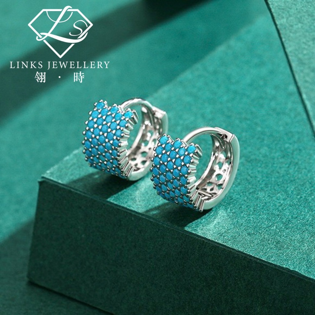S925 Silver Plated White Gold Turquoise Hoop Earrings SE028 Hypoallergenic Earrings S925 Earrings St