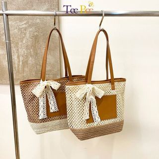 Túi Cói Thời Trang Kích Thước Lớn Đi Biển Túi Đeo Vai Phong Cách Nhẹ Nhàng Vintage Kèm Nơ Dành Cho Bạn Nữ