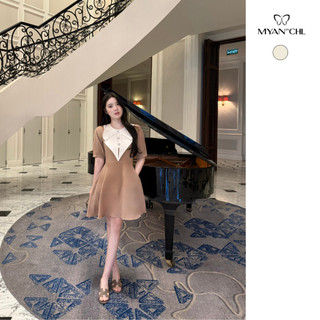 MYAN DESIGN Váy Cổ Nơ Dáng Xoè Ngắn Tay Hàng Cúc Ngực Vải Chéo Dày Dặn Thấm Hút Mồ Hôi Tốt Vvn082308