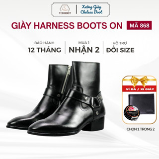  Giày Nam Da Bò Harness Boot Giày Cao Cổ Boot Nam Đế Cao 5cm Giày Nam Cao Cấp Da Nappa Bóng Kéo Khóa Có Đai Xích - 868 